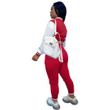 Women's Red Color-blocking Jacket Suit Single-breasted Stitching Baseball Two Piece Uniform