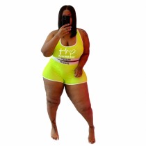 Plus Size Green Printed Valentine Tank Top And Shorts 2 Piece Sets