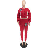 Women Workout 2 Piece Outfits Button Down Color Block Patchwork Jackets Bodycon Long Pants Tracksuit