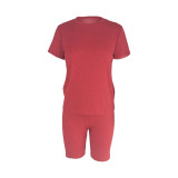 Solid Color Short Sleeve Two Piece Shorts Set