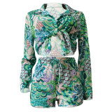 Women Printed Long Sleeve Cardigan Shirt Shorts Casual Set