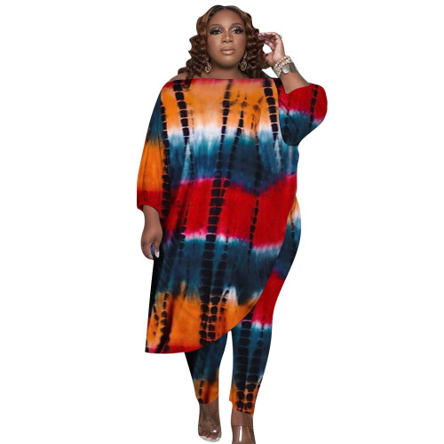Plus Size Irregular Tie Dye Oblique Shoulder Pants Set