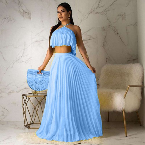 Casual Sky Blue Pleated Straps Crop Top and Skirts Set