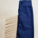 Solid Color Denim Fringed Jumpsuit with Belt