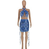 Sexy Printed Hollow Halter Top Mini Skirt 2 Piece Sets