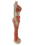 Orange Summer Knit Rib Cut Out Beach Wear Cover Sexy Fishnet See Through Tank Crop Top + Pants