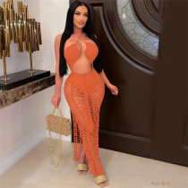 Orange Solid Color Summer Elastic Fringed Side Slit Halter Beach Long Dresses