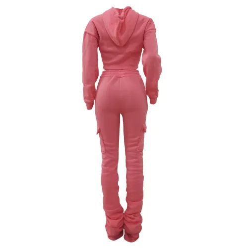 Thickened Side Pocket Casual Solid Color Pink Elastic Waist Stacked Leggings Pants Set