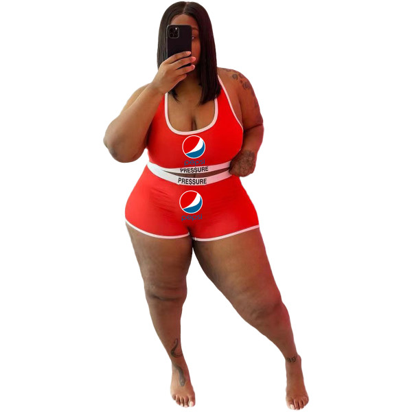 Red Plus Size Fashion Printed Letter Sports Two Piece Vest Shorts Set