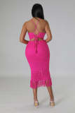 Casual Tassel Fishnet Knit Casual Halter Two Piece Set