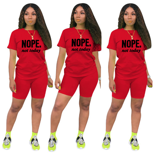 Casual Red Short Sleeve Knit Print Sportswear Shorts Set Two Piece
