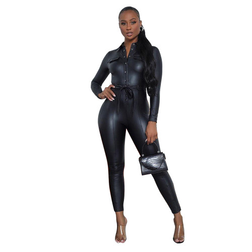 PU Jumpsuit with Buckle Belt