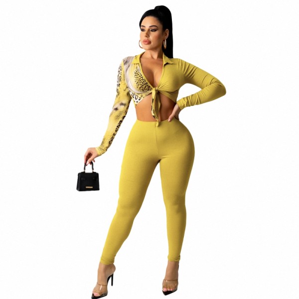 Casual Leopard Pit Print Bodycon Outfits Patchwork Crop Top Legging Pants Lace Up Shirt 2 Piece Set