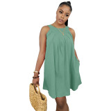 Light Green Solid Color Sleeveless Crew Neck Pleated Cotton Mini Dress with Pocket