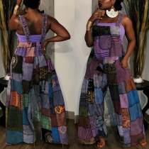Sexy Print Bohemian Striped Backless Suspender Jumpsuit