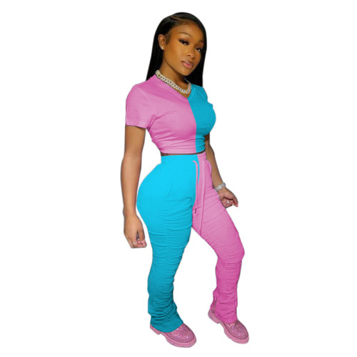 Color-block Crop Top & Pleated Split Micro-flare Stacked Pants
