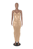 Solid Color Deep V Halter Stacked Maxi Dresses