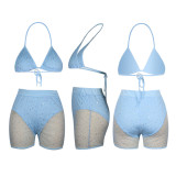 Summer Light Blue Beachwear Sexy Mesh Sequined Two Piece Short Set