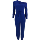 Solid Color Royal Blue Thicken Pocketed Beveled Neckline Full Sleeve One Piece Jumpsuit with Belt
