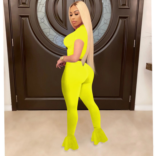 Yellow Women Fitness Mesh Stitching Clothing Wear Flared Trousers Women Set