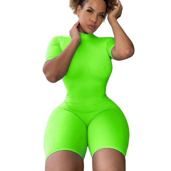Solid Color High Neck Zipper Activewear Romper