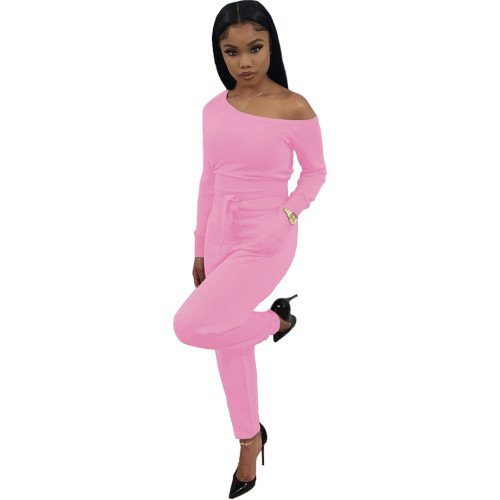 Solid Color Pink Thicken Pocketed Beveled Neckline Full Sleeve One Piece Jumpsuit with Belt
