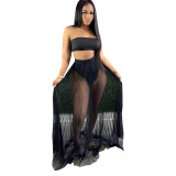 Solid Color Mesh Wrapped Top Hollow Pant and Perspective Long Skirt
