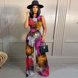Fashion Pattern Printed Sleeveless Rompers + Wide Leg Pants Set