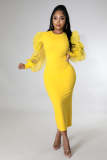 Fashion Mesh Puff Sleeve Elegant Slim Mid Dress