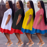 Summer Printed Short Sleeve O Neck Color-block Pleated Dress with Pockets