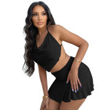 Black Sexy Halter Backless Pleated Two Piece Skirt Set