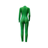 Autumn Sexy Green Mesh See Through Long Sleeve Jumpsuit with Back Zipper