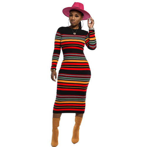 Casual Striped Print Mid Dress