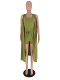 Solid Pit Just Chill Vest Top & Shorts 3-Piece Set with Long Sleeveless Coat