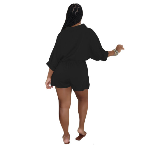Solid Color Black Convertible Collar Ruffled Short Romper