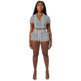 Solid Grey Zipper Cardigan Hooded Cropped Two-Piece Short Summer Set