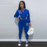 Women Workout 2 Piece Outfits Button Down Color Block Patchwork Jackets Bodycon Long Pants Tracksuit
