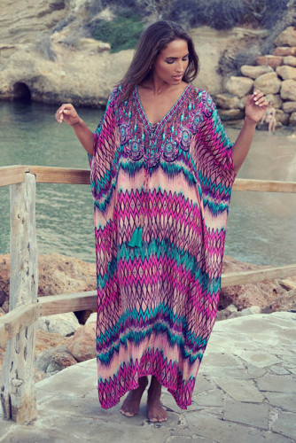 Positioning Printed Deep V Beach Dress