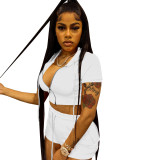Solid White Zipper Cardigan Hooded Cropped Two-Piece Short Summer Set