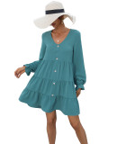 Women's Casual Dress Button Down Shift Tunic Short Sleeve Shift Ruffle V Neck Flowy Swing Dresses
