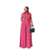 Casual Print Polka Dot Bandage Patchwork Buckle With Belt Turndown Collar Plus Size Jumpsuits