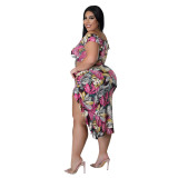 Plus Size Sexy Print Bandage Split Joint Slit Off the Shoulder Two Pieces Skirts Set