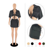 Solid Color Clothes Short Sleeve Crop Skirt Set Tooling Style