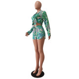 Women Printed Long Sleeve Cardigan Shirt Shorts Casual Set