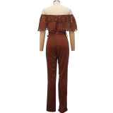 Women Slim Ruffle Off Shoulder Short Sleeve Solid Long Pants Jumpsuit with Belt