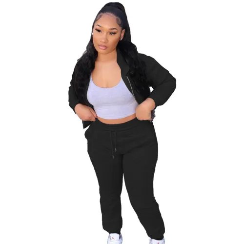 Solid Color Black Fleece 2 PC Zipper Hoodie Cardigan Blouse Sweatpants Outfit