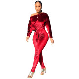 Bright Velvet Bat Sleeve Jumpsuit with Belt