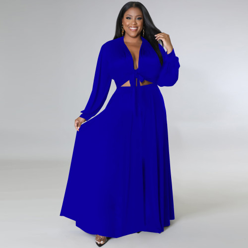 Blue Plus Size Loose Long Sleeve Swing Skirt Set