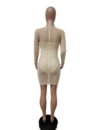 Khaki Long Sleeves Mesh Bodycon Dress with Rhinestones