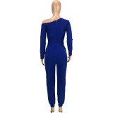Solid Color Royal Blue Thicken Pocketed Beveled Neckline Full Sleeve One Piece Jumpsuit with Belt